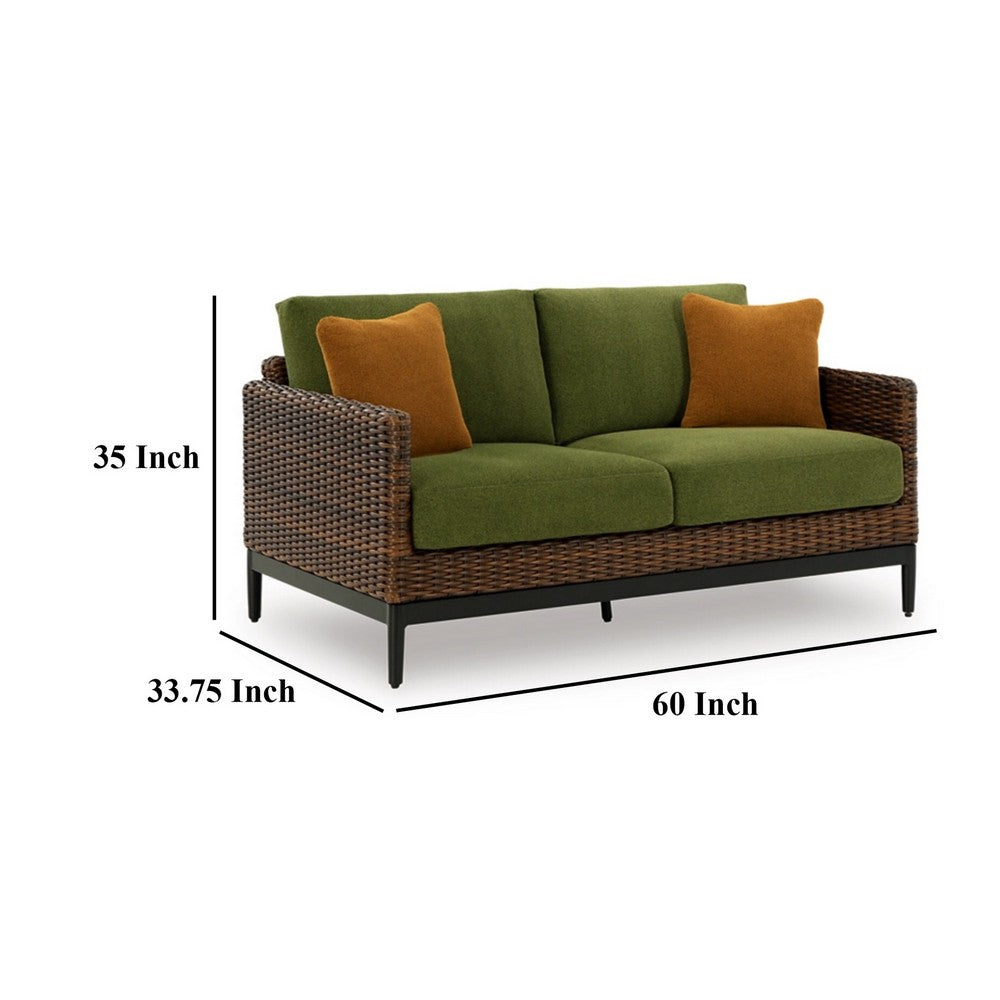 Ashley Izon Outdoor Loveseat, 2 Throw Pillows, Green, Brown Woven, 60 Inch