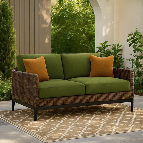 Ashley Izon Outdoor Loveseat, 2 Throw Pillows, Green, Brown Woven, 60 Inch
