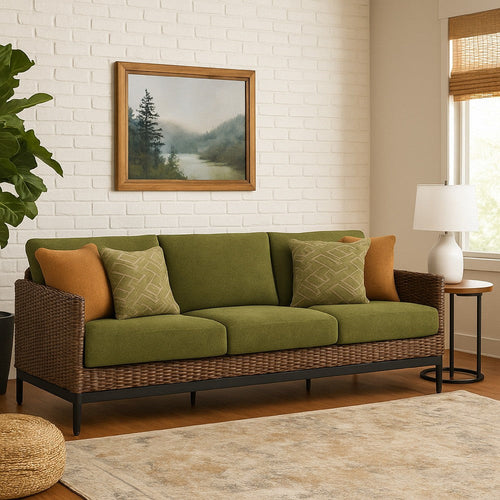 Ashley Inaya Outdoor Sofa, 4 Throw PIllows, Green Polyester, 88 Inch Brown