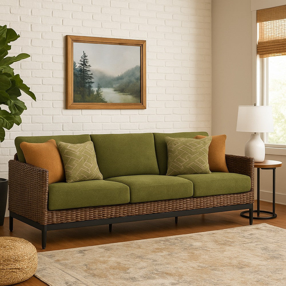 Ashley Inaya Outdoor Sofa, 4 Throw PIllows, Green Polyester, 88 Inch Brown