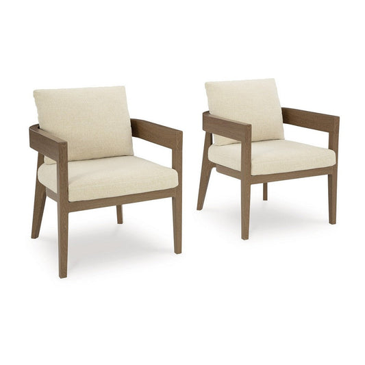 Ashley Baily Outdoor Armchair Set of 2, Cream White Fabric, Brown Metal