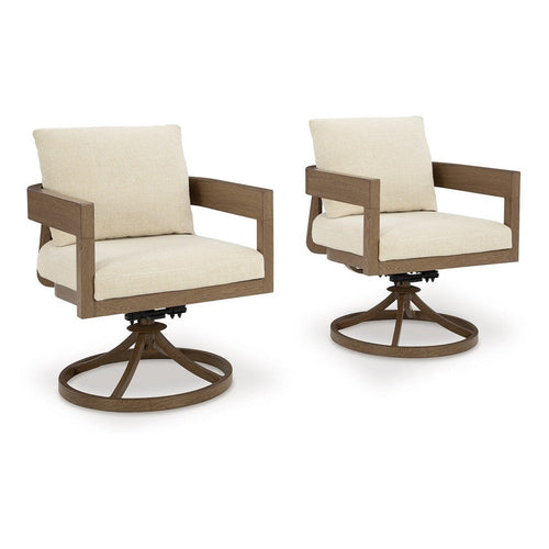 Ashley Baily Outdoor Swivel Chair Set of 2, Brown Metal, Cream White Fabric