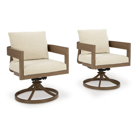 Ashley Baily Outdoor Swivel Chair Set of 2, Brown Metal, Cream White Fabric