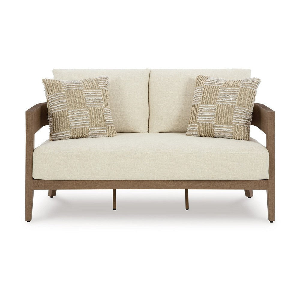 Ashley Baily Outdoor Loveseat 2 Throw Pillows Cream White Brown 59 Inch BM328994