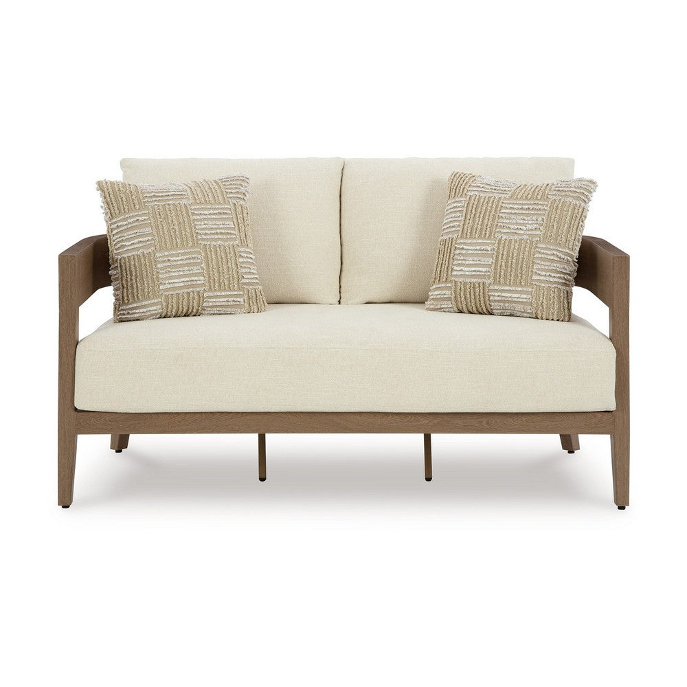 Ashley Baily Outdoor Loveseat, 2 Throw Pillows, Cream White, Brown, 59 Inch