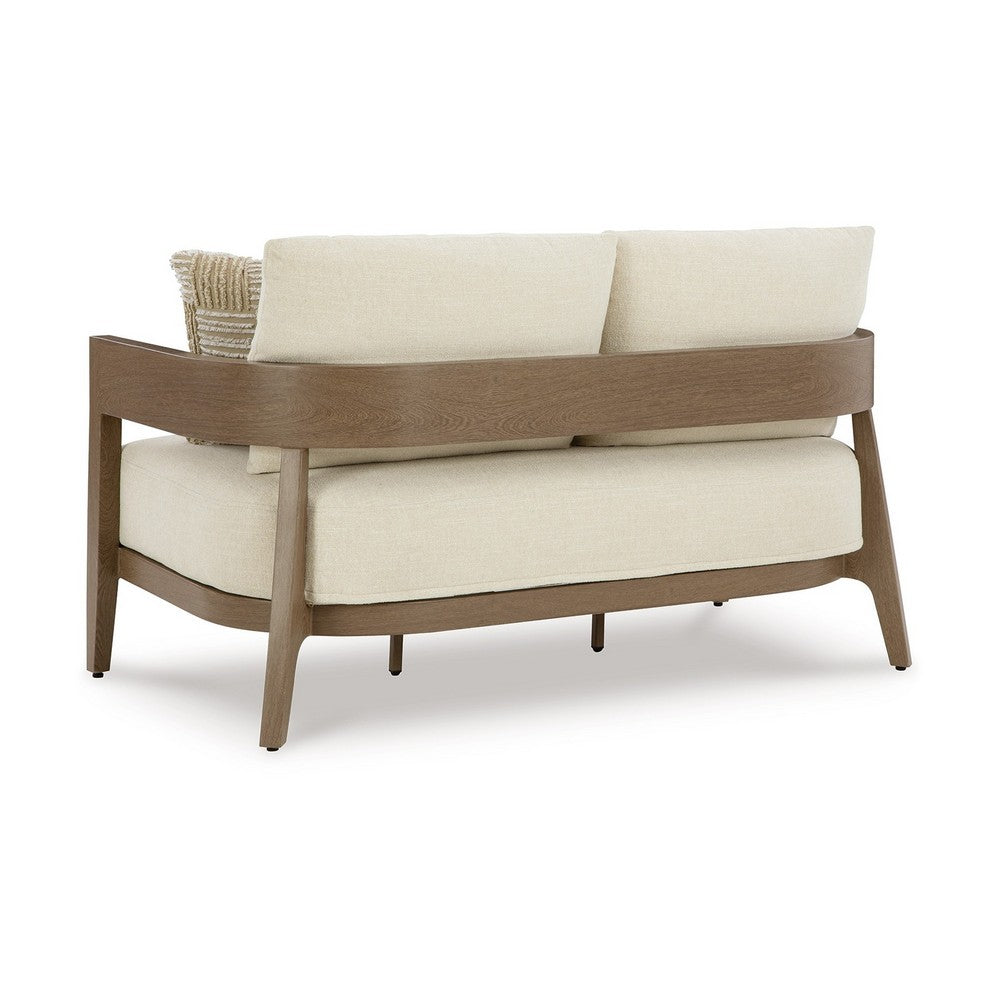 Ashley Baily Outdoor Loveseat, 2 Throw Pillows, Cream White, Brown, 59 Inch