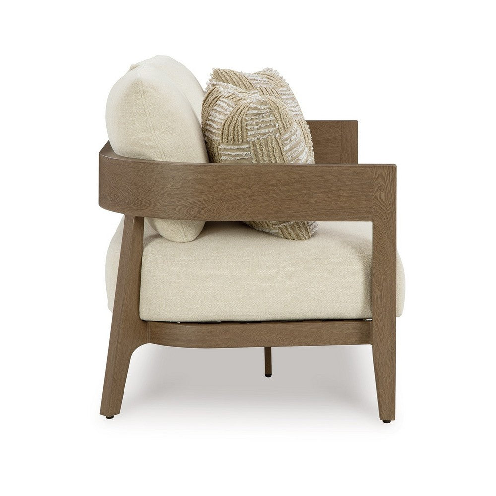 Ashley Baily Outdoor Loveseat, 2 Throw Pillows, Cream White, Brown, 59 Inch