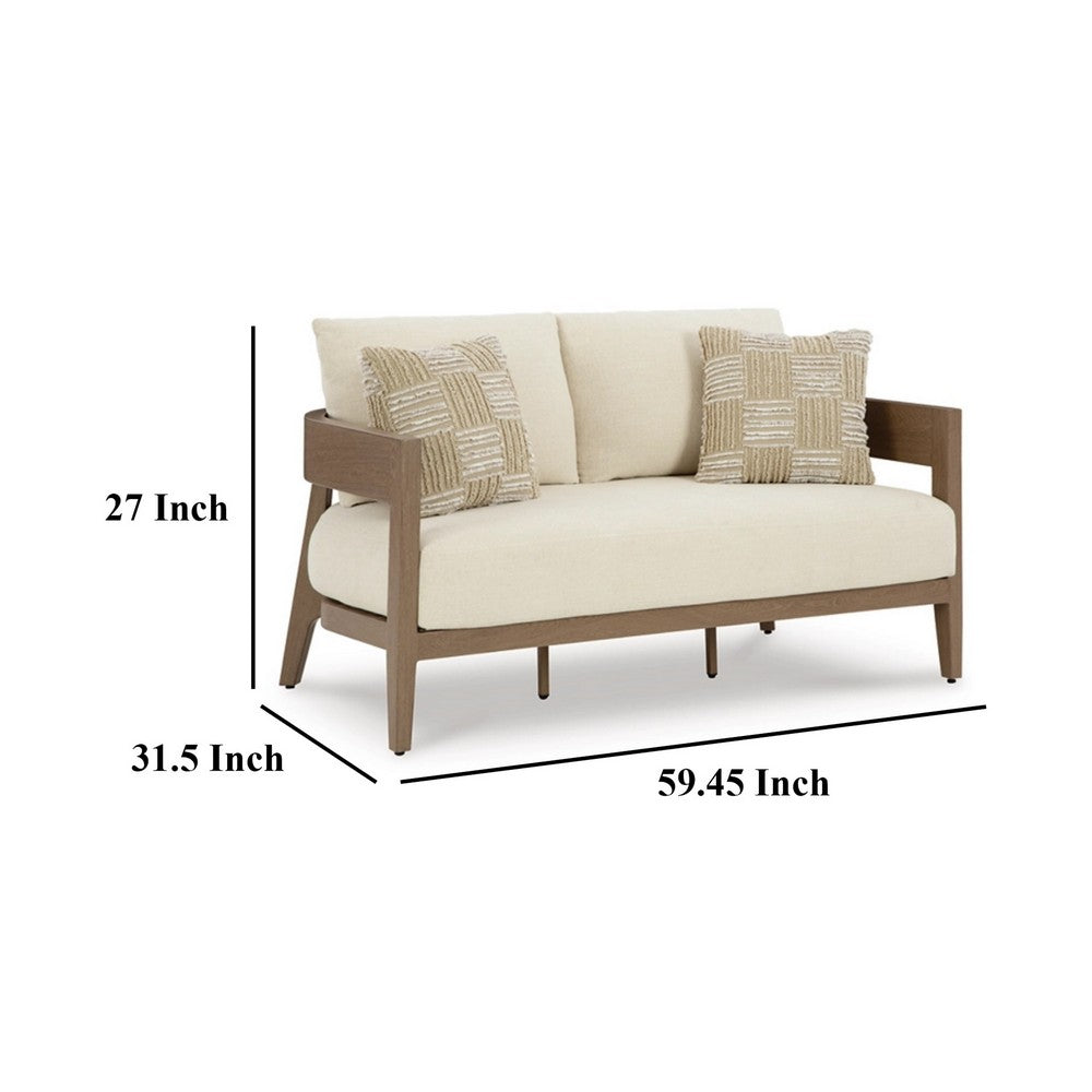 Ashley Baily Outdoor Loveseat, 2 Throw Pillows, Cream White, Brown, 59 Inch