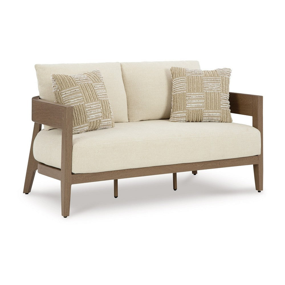 Ashley Baily Outdoor Loveseat, 2 Throw Pillows, Cream White, Brown, 59 Inch