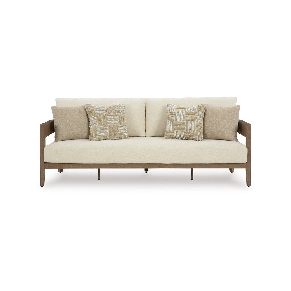Ashley Baily Outdoor Sofa 4 Throw Pillows Cream White 87 Inch Brown Metal BM328995