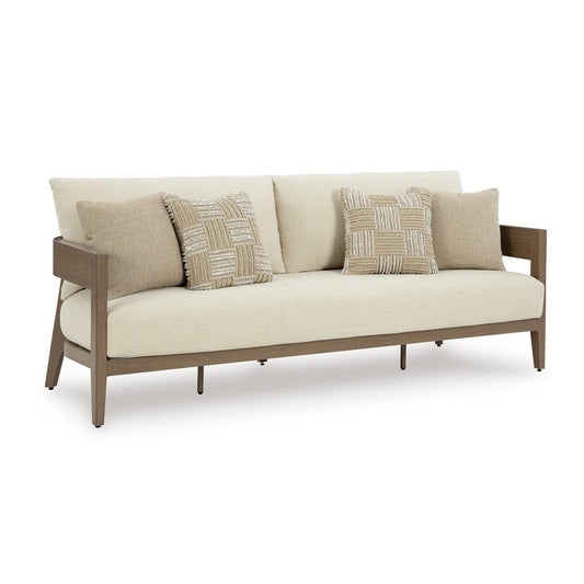 Ashley Baily Outdoor Sofa, 4 Throw Pillows, Cream White, 87 Inch Brown Metal