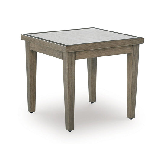 Ashley Inaya Outdoor Square End Table, Beige Sintered Stone, 24 Inch Brown