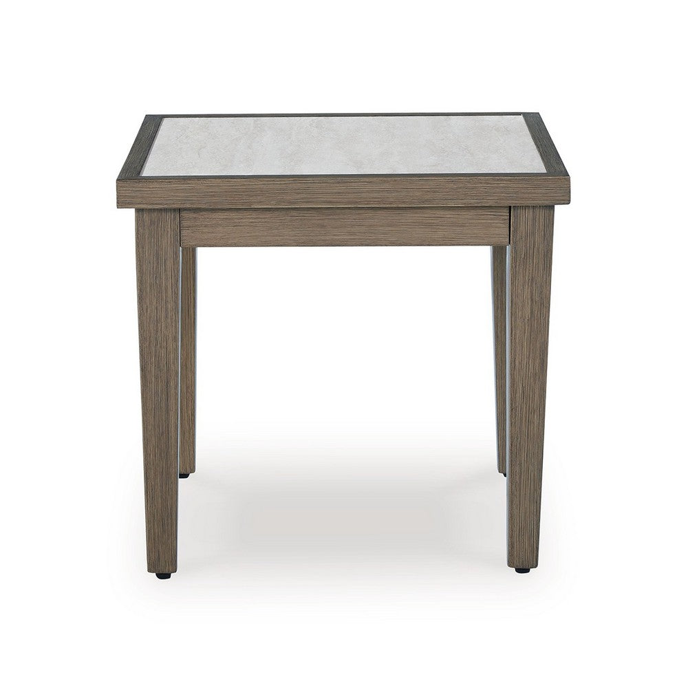 Ashley Inaya Outdoor Square End Table, Beige Sintered Stone, 24 Inch Brown