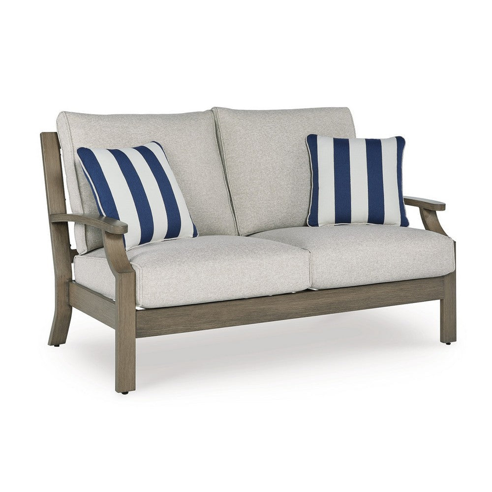 Ashley Inaya Outdoor Loveseat, 2 Throw Pillows, Cream White, 62 Inch Brown