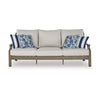 Ashley Inaya Outdoor Sofa, 4 Throw Pillows, Cream White, 89 Inch Brown Metal