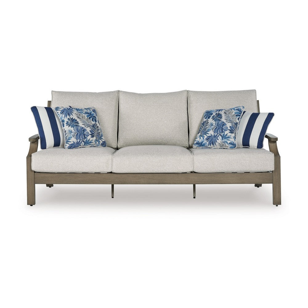 Ashley Inaya Outdoor Sofa, 4 Throw Pillows, Cream White, 89 Inch Brown Metal