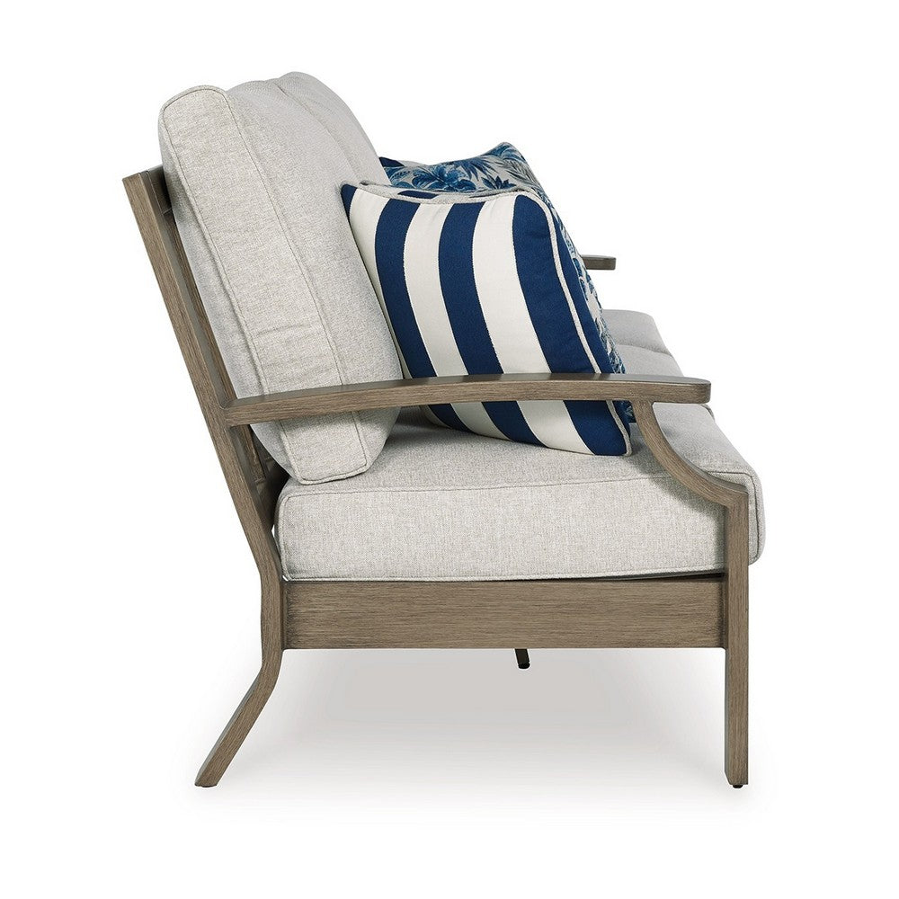 Ashley Inaya Outdoor Sofa, 4 Throw Pillows, Cream White, 89 Inch Brown Metal
