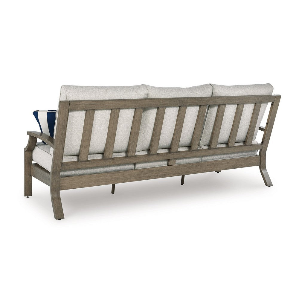 Ashley Inaya Outdoor Sofa, 4 Throw Pillows, Cream White, 89 Inch Brown Metal