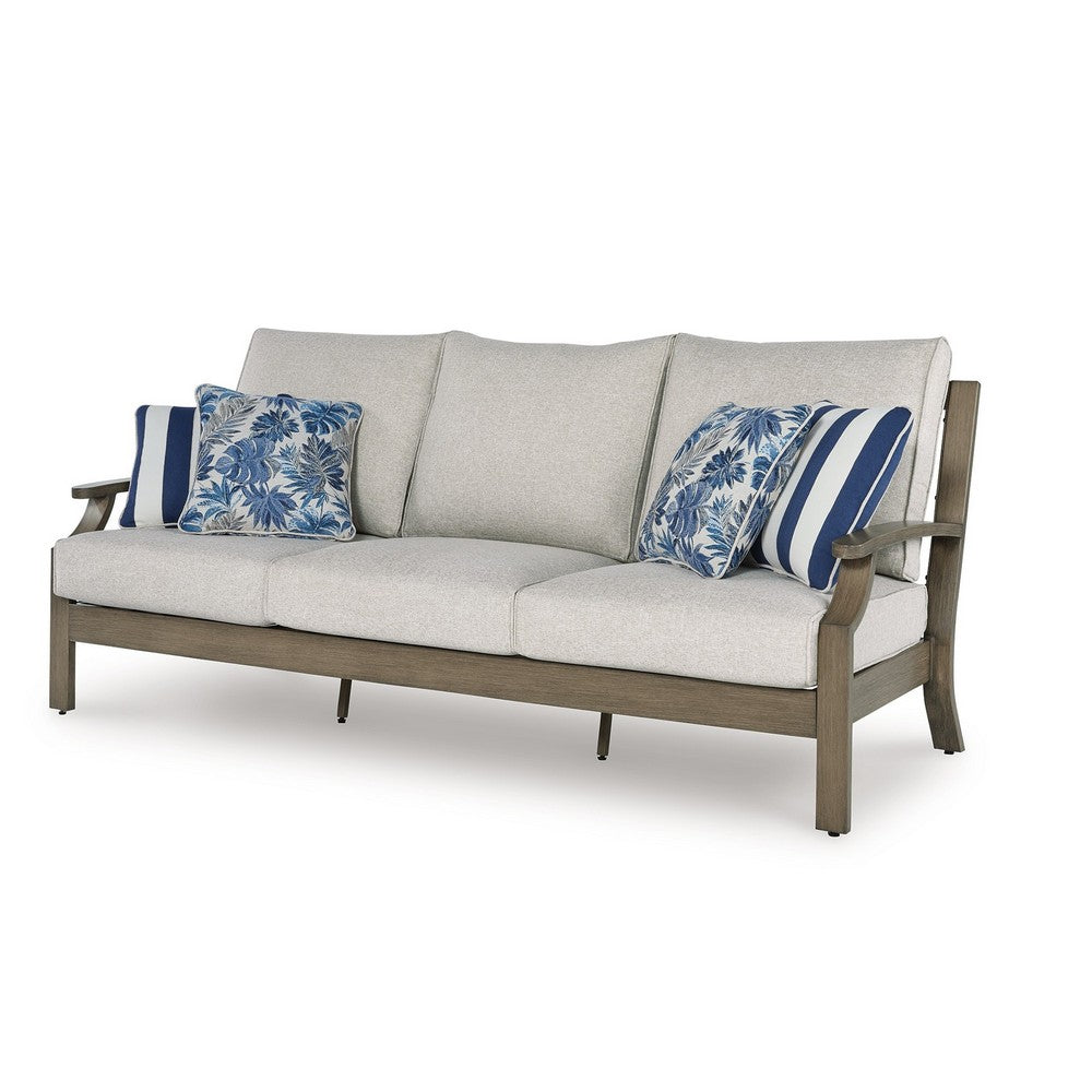 Ashley Inaya Outdoor Sofa, 4 Throw Pillows, Cream White, 89 Inch Brown Metal