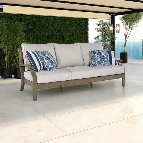 Ashley Inaya Outdoor Sofa, 4 Throw Pillows, Cream White, 89 Inch Brown Metal