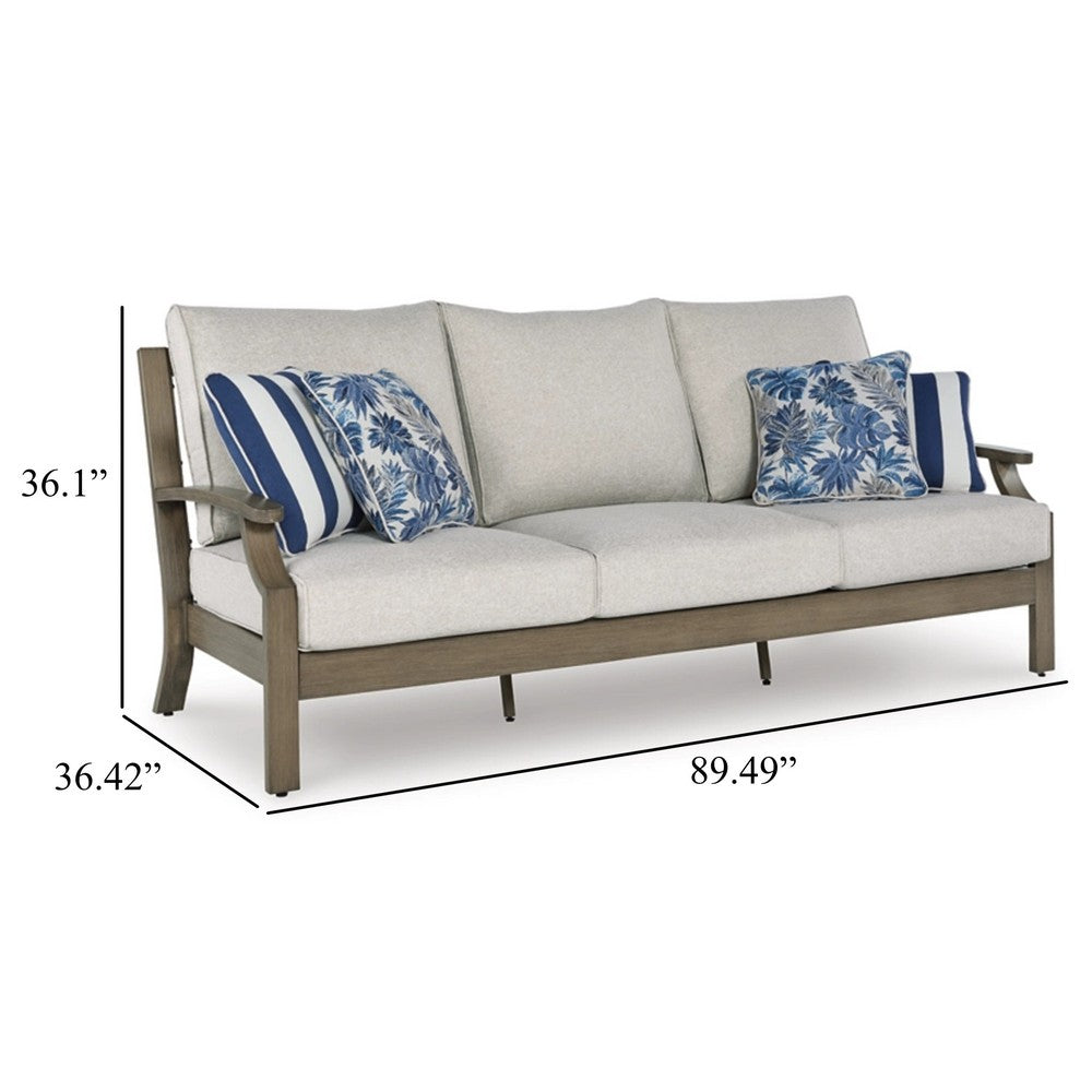 Ashley Inaya Outdoor Sofa, 4 Throw Pillows, Cream White, 89 Inch Brown Metal