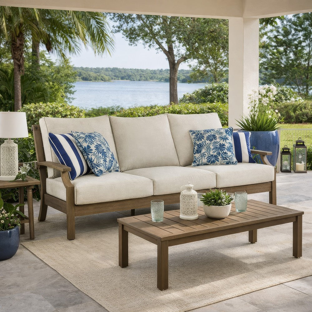 Ashley Inaya Outdoor Sofa, 4 Throw Pillows, Cream White, 89 Inch Brown Metal