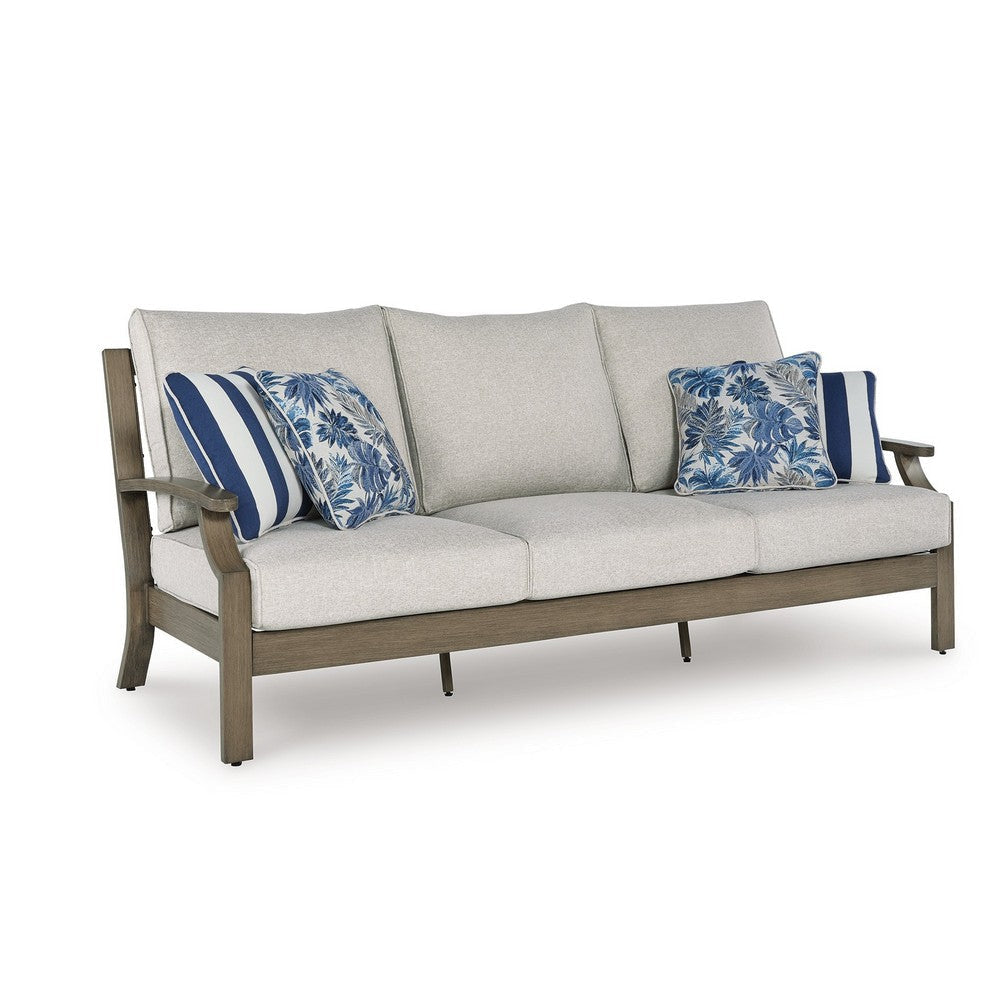 Ashley Inaya Outdoor Sofa, 4 Throw Pillows, Cream White, 89 Inch Brown Metal