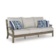 Ashley Inaya Outdoor Sofa, 4 Throw Pillows, Cream White, 89 Inch Brown Metal
