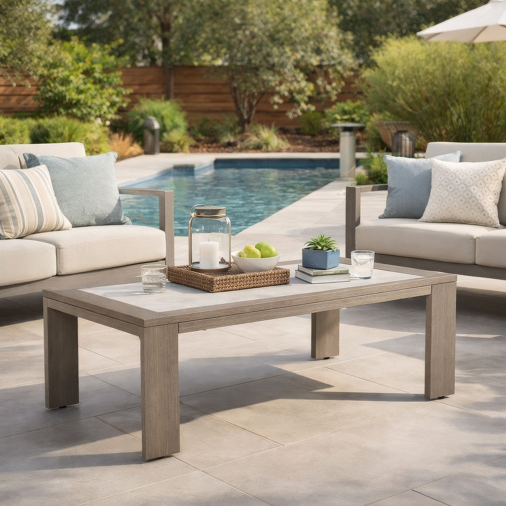 Ashley Isle Outdoor Cocktail Coffee Table, Woodlike Gray Brown Metal, 48 Inch