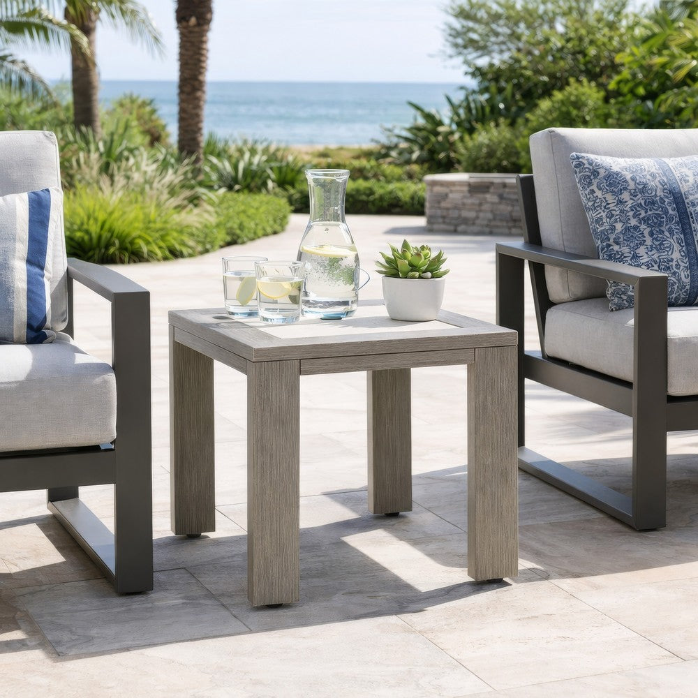 Ashley Isle Outdoor Square End Table, Woodlike Grayish Brown Metal, 22 Inch