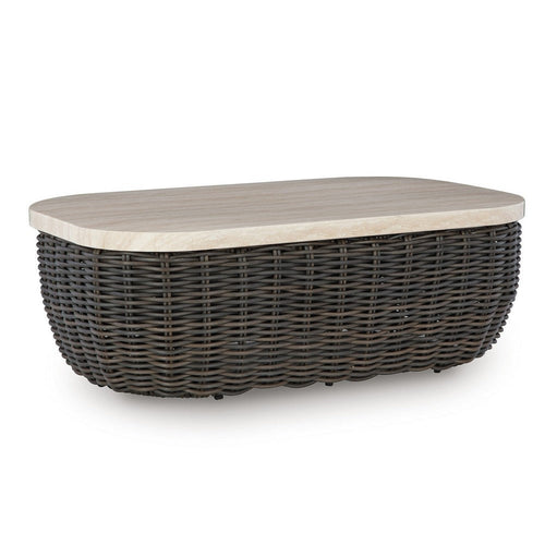 Ashley Kimo Outdoor Cocktail Coffee Table, Brown Wicker Details, 50 Inch