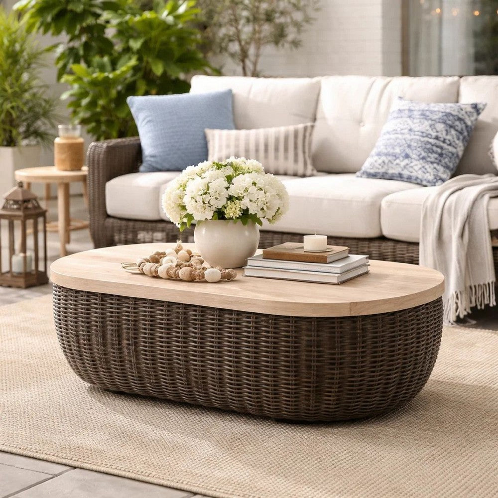Ashley Kimo Outdoor Cocktail Coffee Table, Brown Wicker Details, 50 Inch