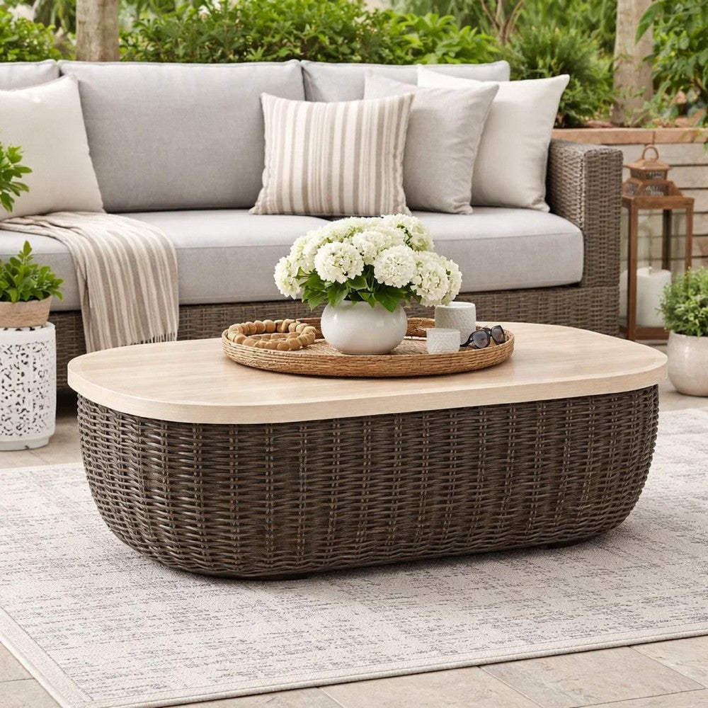 Ashley Kimo Outdoor Cocktail Coffee Table, Brown Wicker Details, 50 Inch