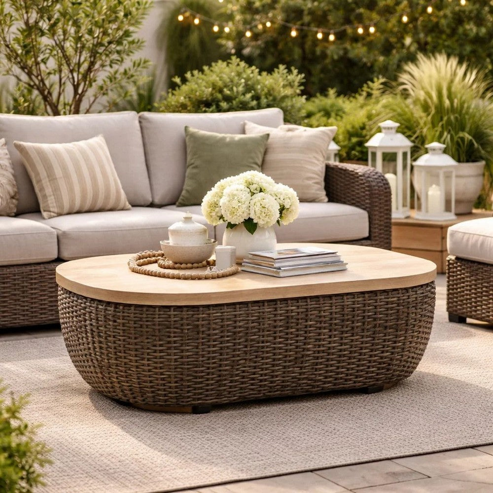 Ashley Kimo Outdoor Cocktail Coffee Table, Brown Wicker Details, 50 Inch