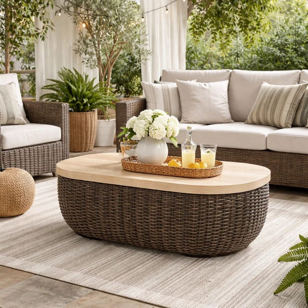 Ashley Kimo Outdoor Cocktail Coffee Table, Brown Wicker Details, 50 Inch