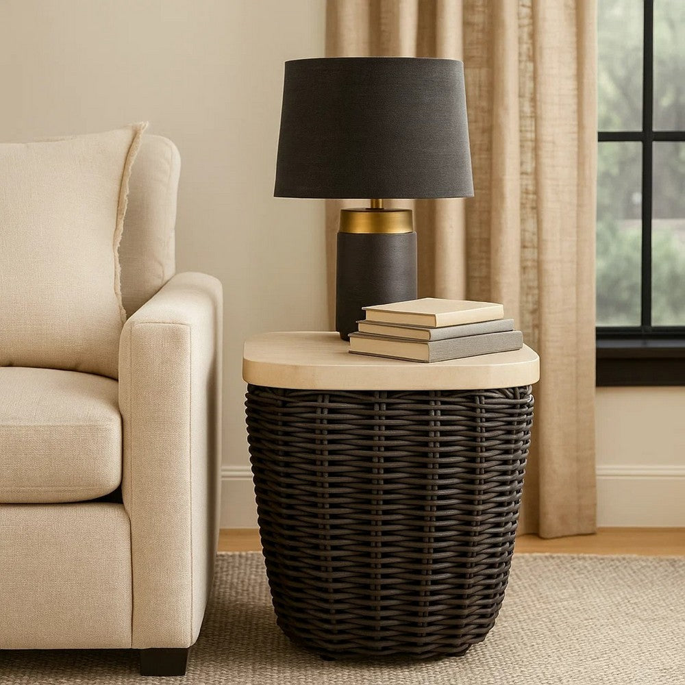 Ashley Kimo Outdoor Square End Table, Dark Brown Wicker Details, 23 Inch