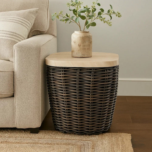 Ashley Kimo Outdoor Square End Table, Dark Brown Wicker Details, 23 Inch