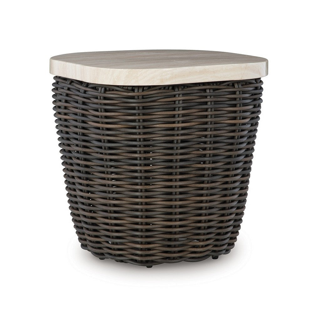 Ashley Kimo Outdoor Square End Table, Dark Brown Wicker Details, 23 Inch