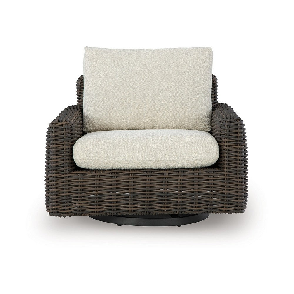Ashley Kimo Outdoor Swivel Glider Lounge Chair, Beige, Dark Brown Metal