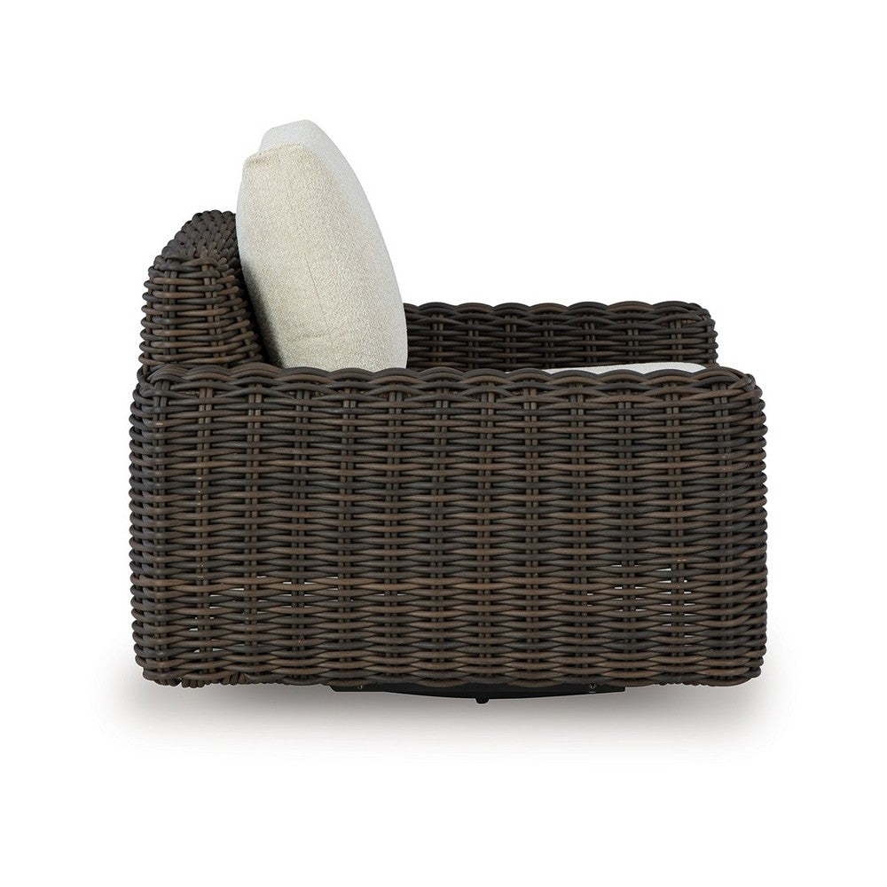 Ashley Kimo Outdoor Swivel Glider Lounge Chair, Beige, Dark Brown Metal