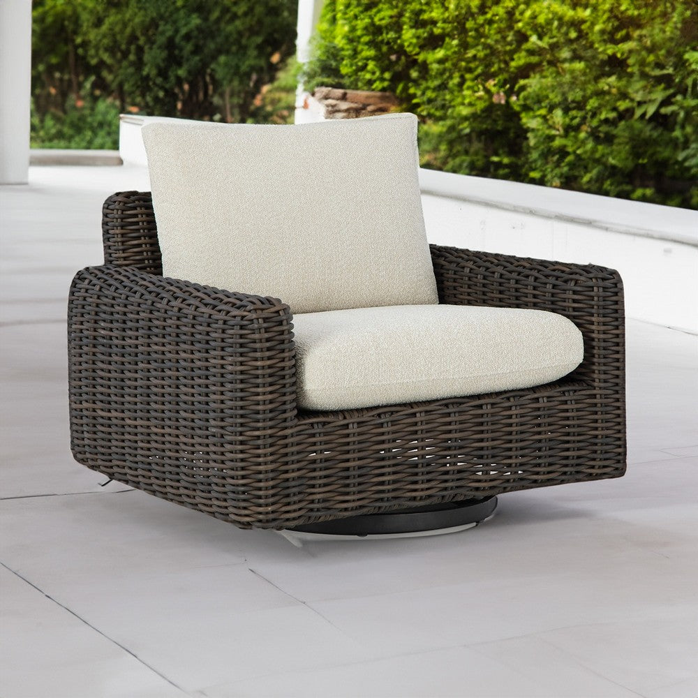 Ashley Kimo Outdoor Swivel Glider Lounge Chair, Beige, Dark Brown Metal