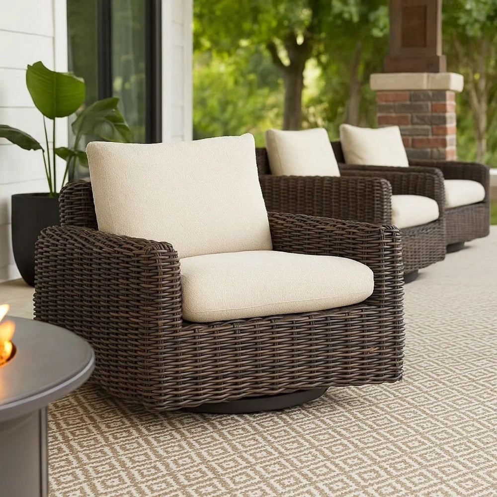 Ashley Kimo Outdoor Swivel Glider Lounge Chair, Beige, Dark Brown Metal