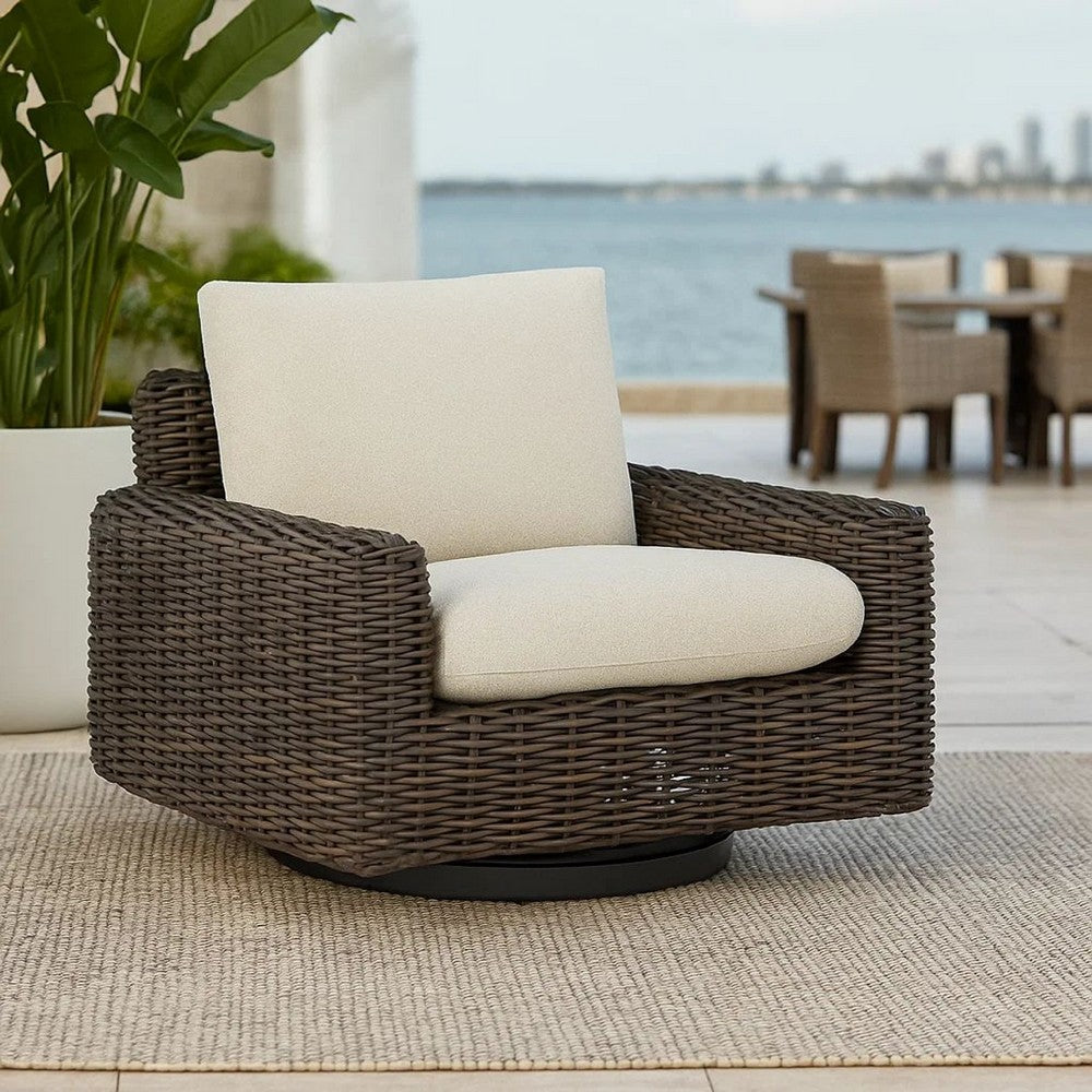 Ashley Kimo Outdoor Swivel Glider Lounge Chair, Beige, Dark Brown Metal