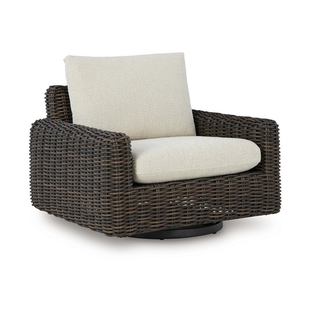 Ashley Kimo Outdoor Swivel Glider Lounge Chair, Beige, Dark Brown Metal
