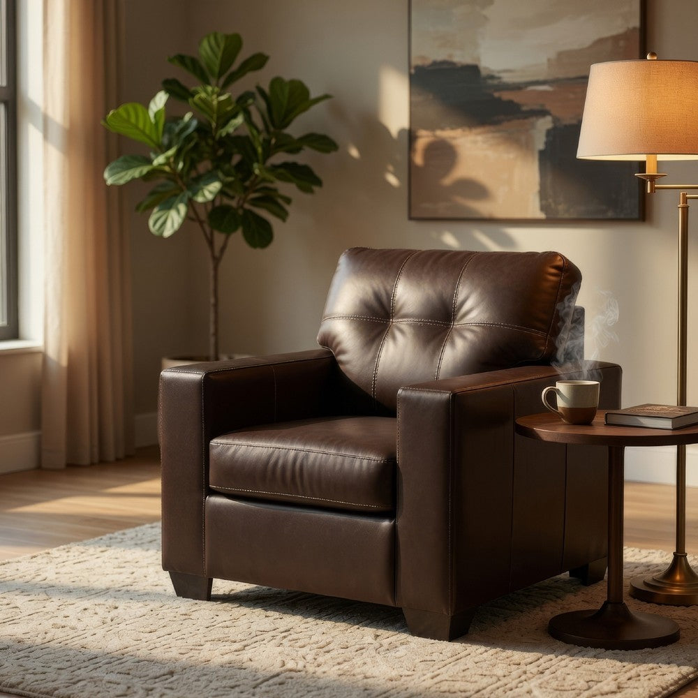 Ashley Orion Armchair, Modern Dark Brown Tufted Real and Faux Leather Cushion