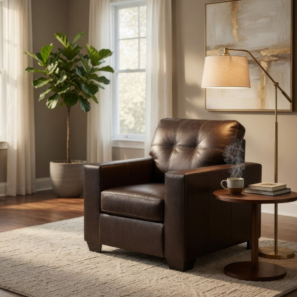 Ashley Orion Armchair, Modern Dark Brown Tufted Real and Faux Leather Cushion