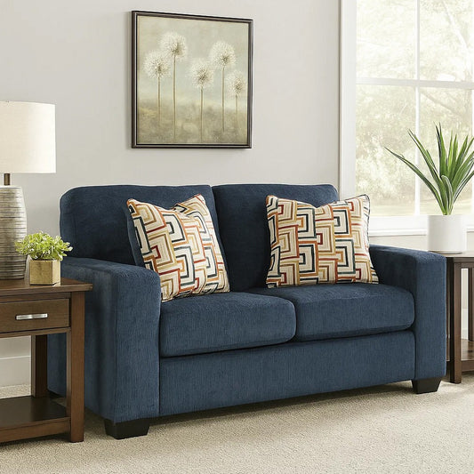 Ashley Avie Loveseat, 2 Accent Pillows, Soft Navy Blue Polyester, 62 Inch