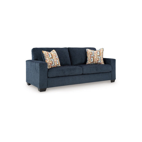 Ashley Avie Sofa, 2 Accent Pillows, 85 Inch, Black, Soft Navy Blue Polyester