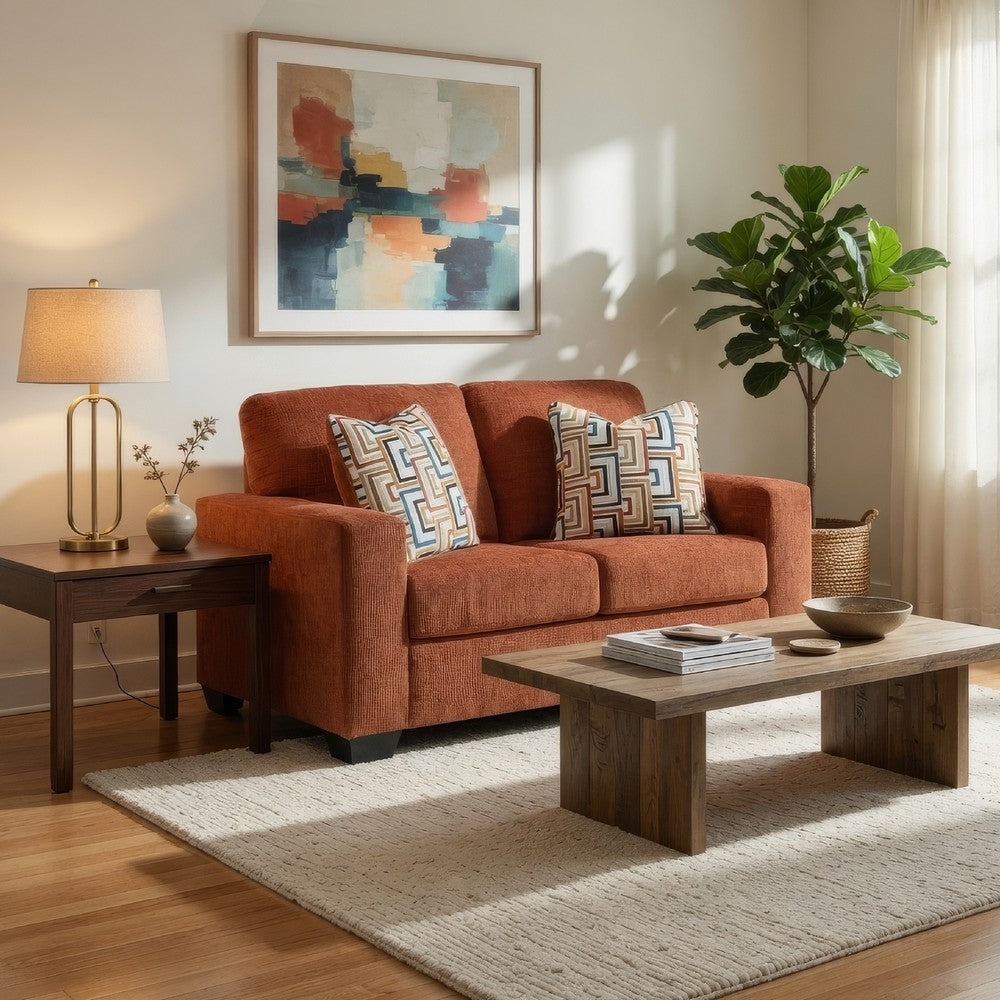 Ashley Avie Loveseat, 2 Accent Pillows, Burnt Orange Polyester, 62 Inch
