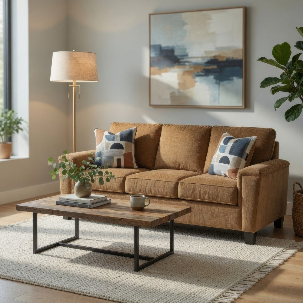 Ashley Erin Sofa, 2 Accent Throw Pillows, 89 Inch Plush Light Brown Polyester